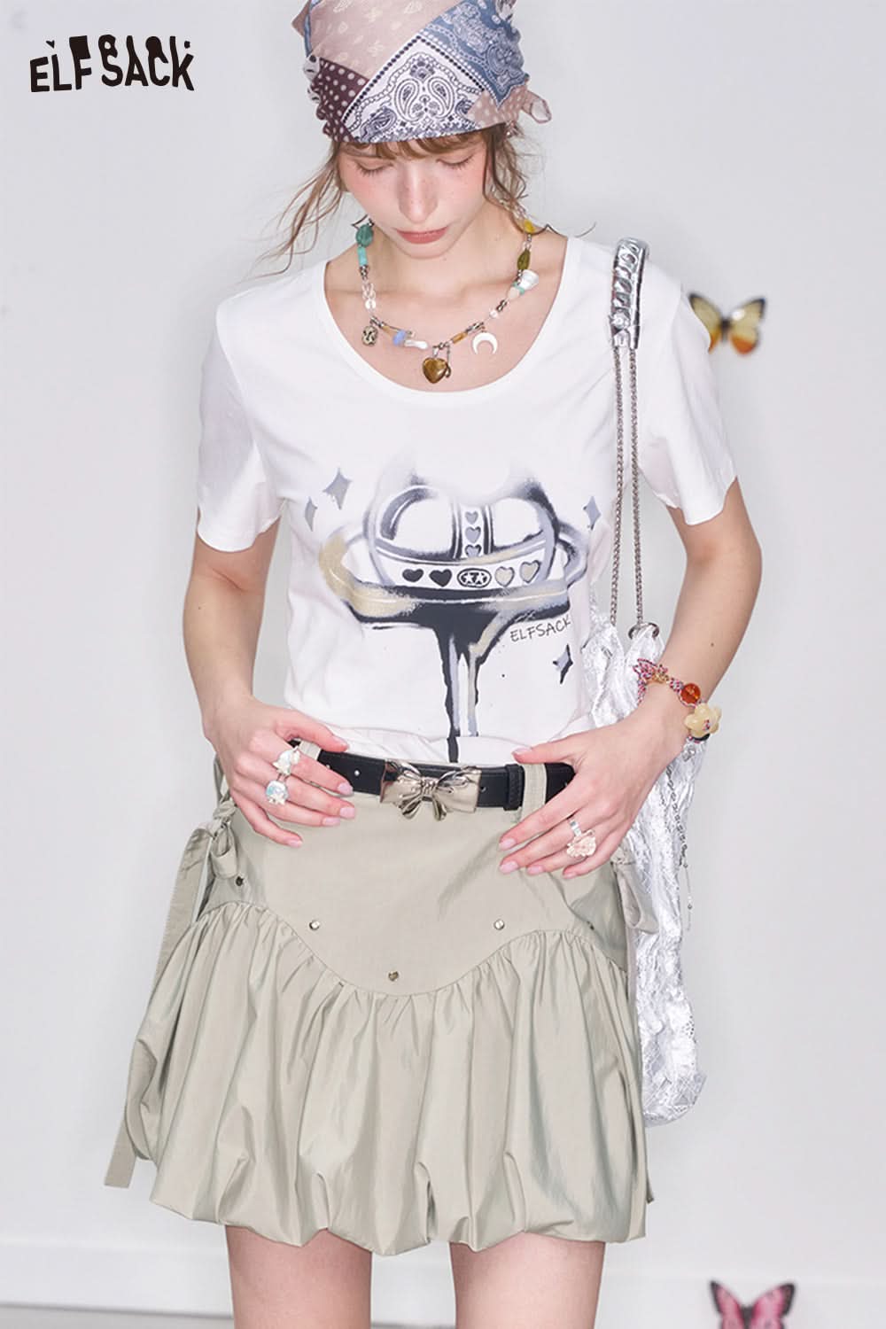 ELFSACK Y2K Bowknot Gray Pleated Skirt Women Sweet A-line Short Skirt with Bowknot Belt