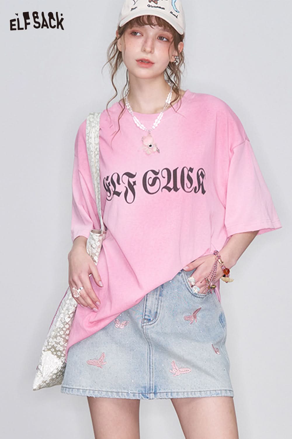 ELFSACK Y2K Butterfly Embroidery Diamond Denim Skirt Women High Waist A-Line Mini Skirt