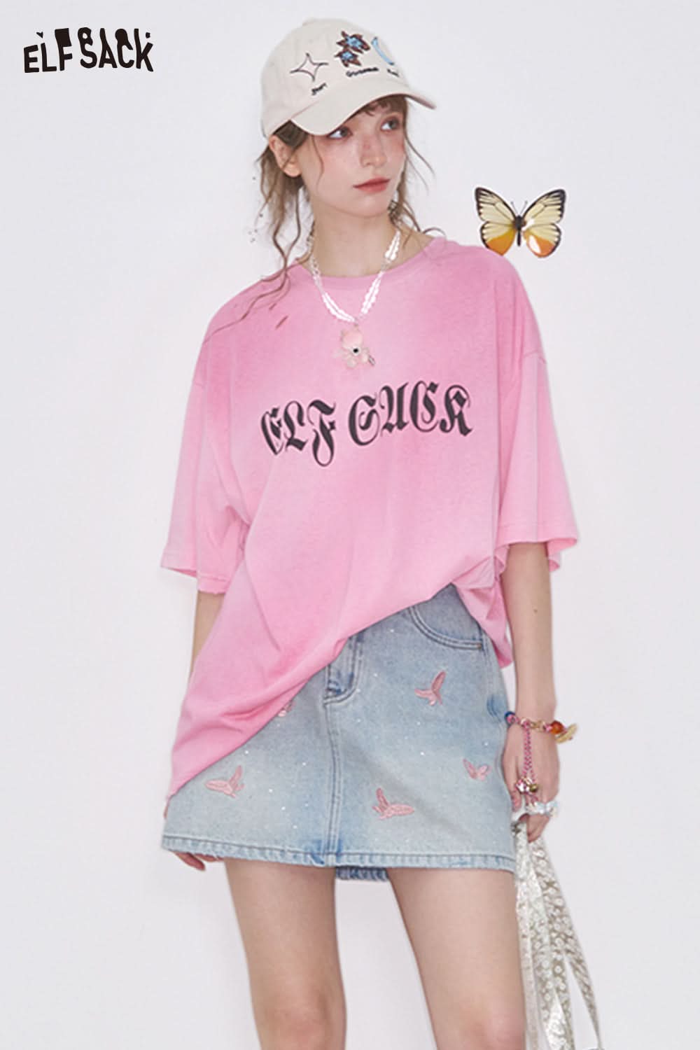 ELFSACK Y2K Butterfly Embroidery Diamond Denim Skirt Women High Waist A-Line Mini Skirt