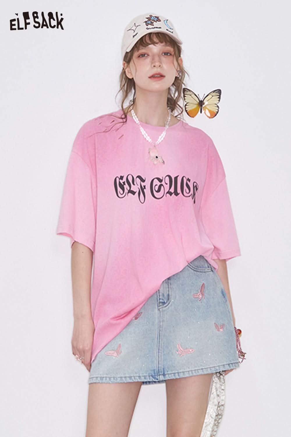 ELFSACK Y2K Butterfly Embroidery Diamond Denim Skirt Women High Waist A-Line Mini Skirt