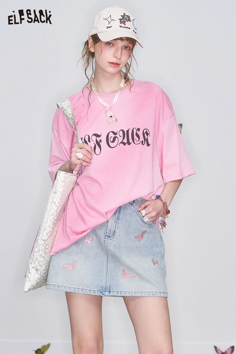 ELFSACK Y2K Butterfly Embroidery Diamond Denim Skirt Women High Waist A-Line Mini Skirt