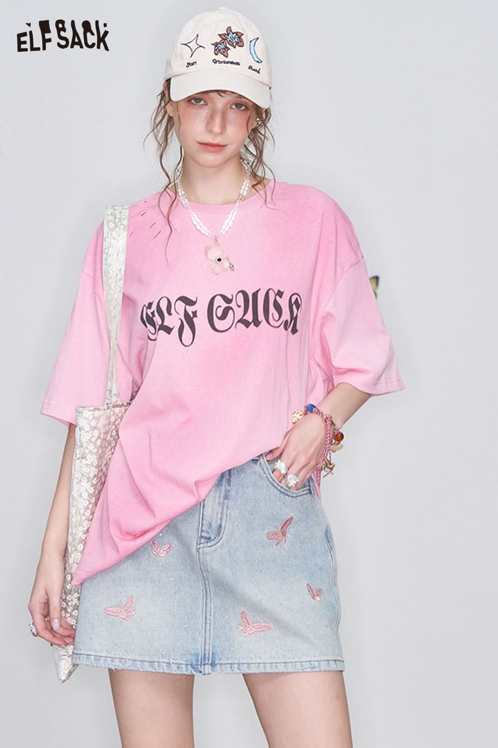 ELFSACK Y2K Butterfly Embroidery Diamond Denim Skirt Women High Waist A-Line Mini Skirt