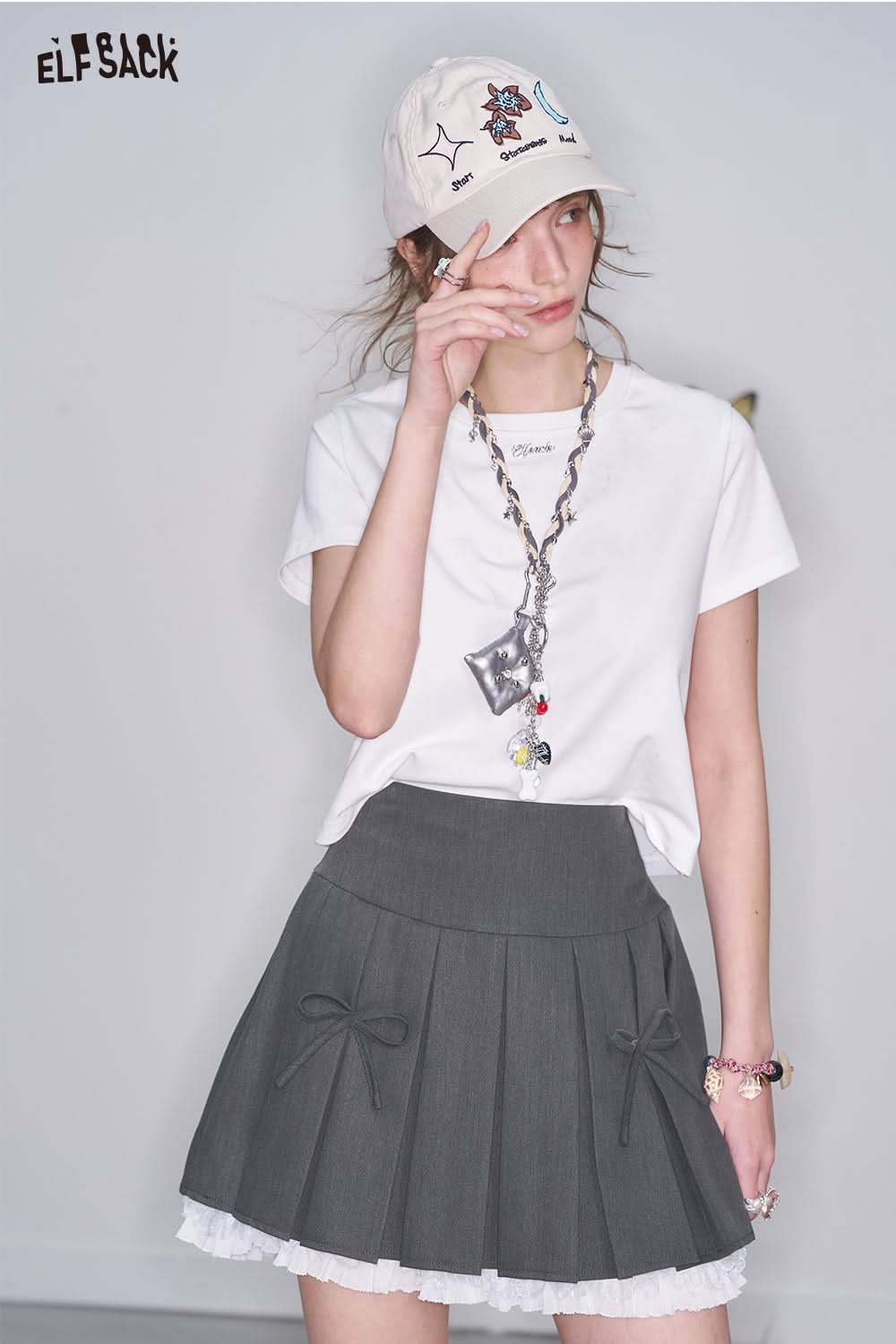 ELFSACK Y2K Preppy Style Lace Stitching Grey Pleated Mini Skirt Women