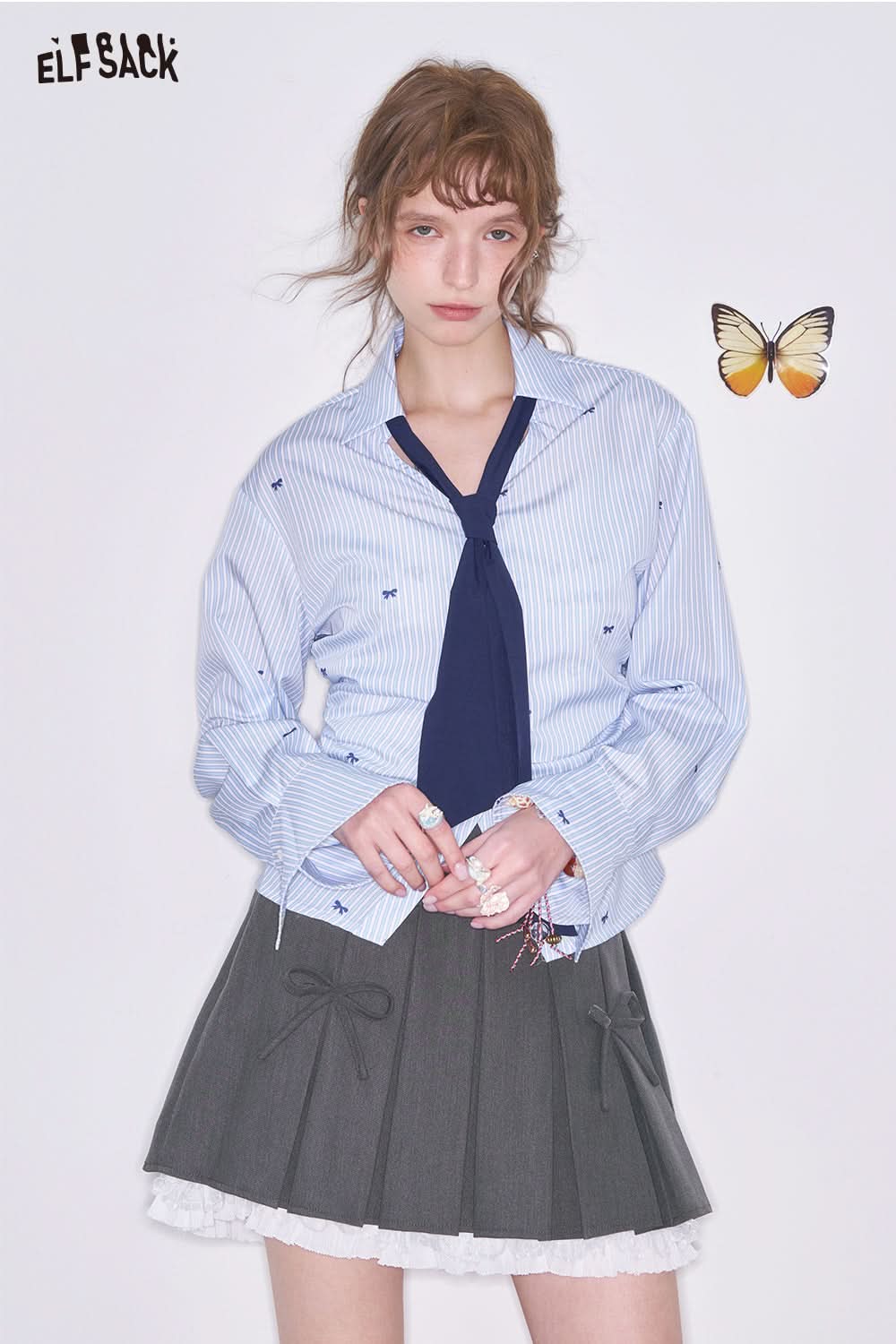 ELFSACK Y2K Preppy Style Lace Stitching Grey Pleated Mini Skirt Women