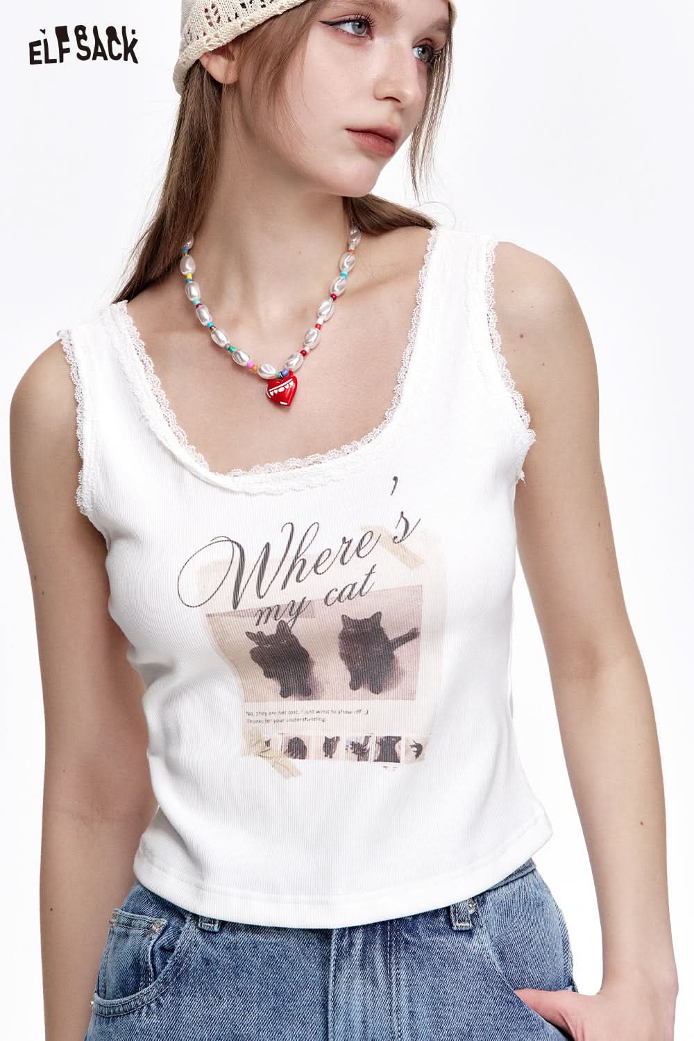 ELFSACK Sweet Kitten Print Lace Camisole Women Sexy Short Tank Tops