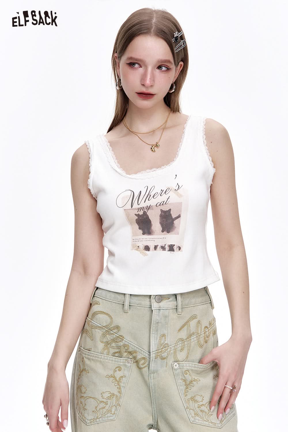 ELFSACK Sweet Kitten Print Lace Camisole Women Sexy Short Tank Tops
