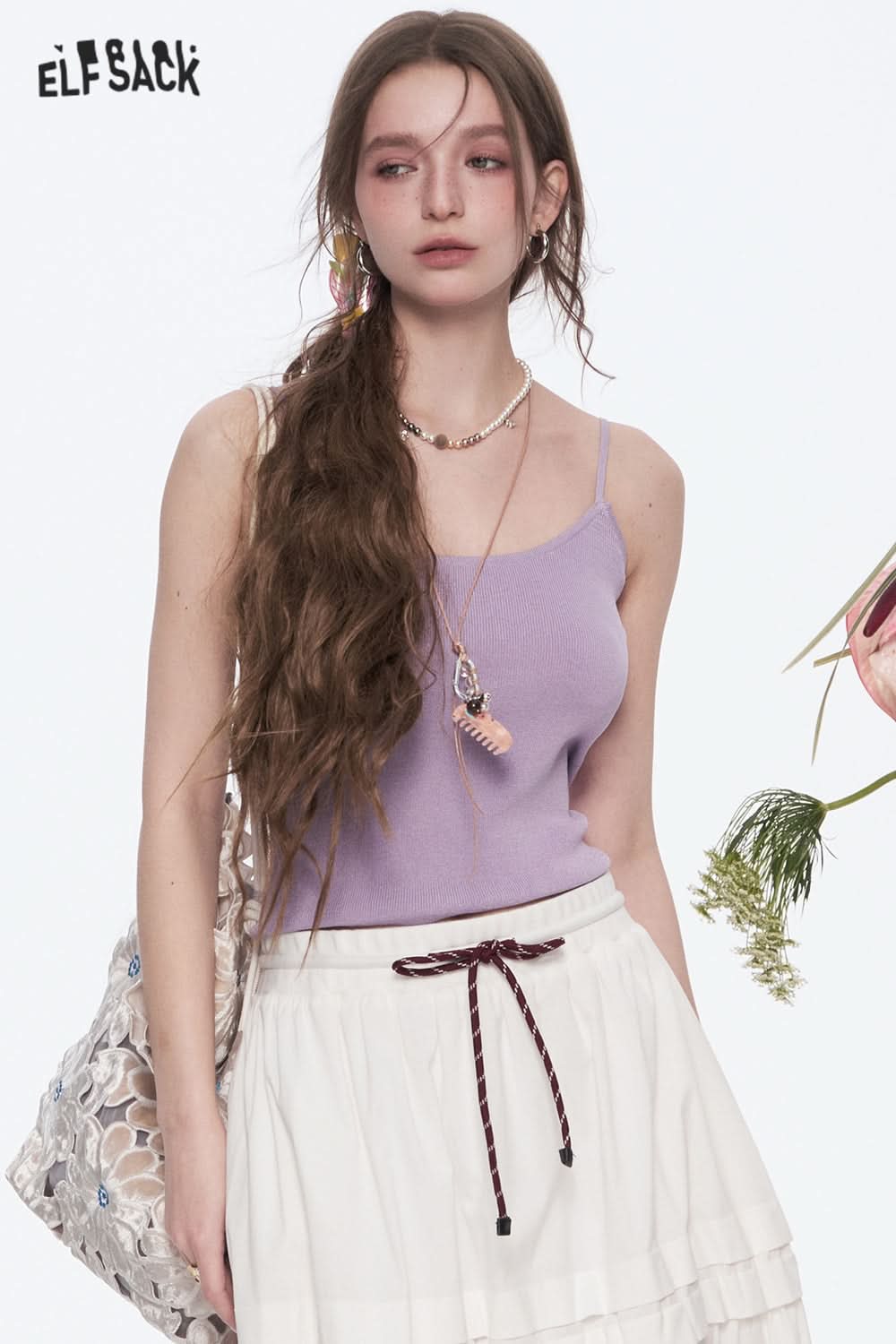 ELFSACK Y2K Beaded Straps Slim Fit Knit Camisole Women's Dopamine Solid Color Tank Tops