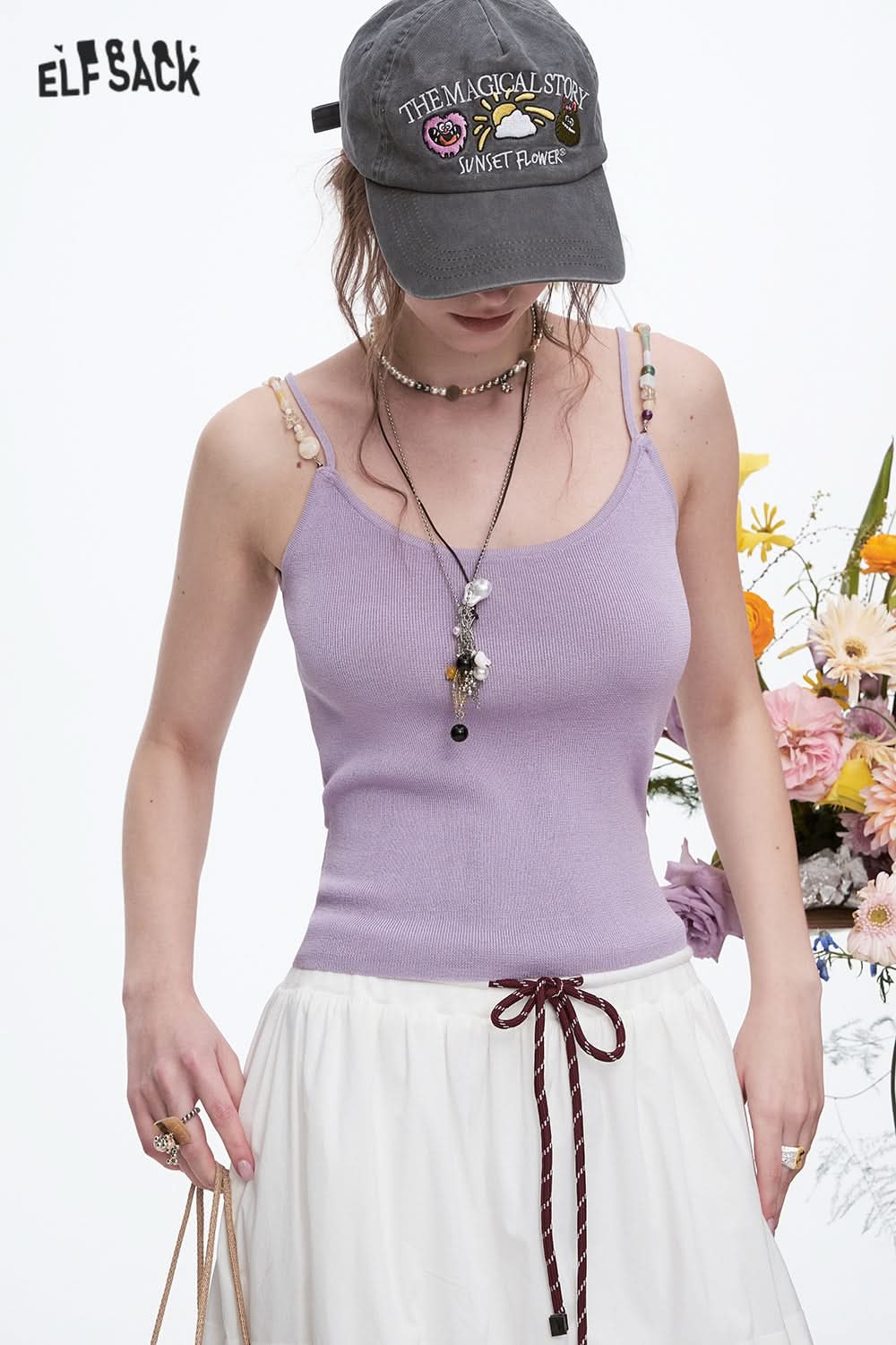 ELFSACK Y2K Beaded Straps Slim Fit Knit Camisole Women's Dopamine Solid Color Tank Tops