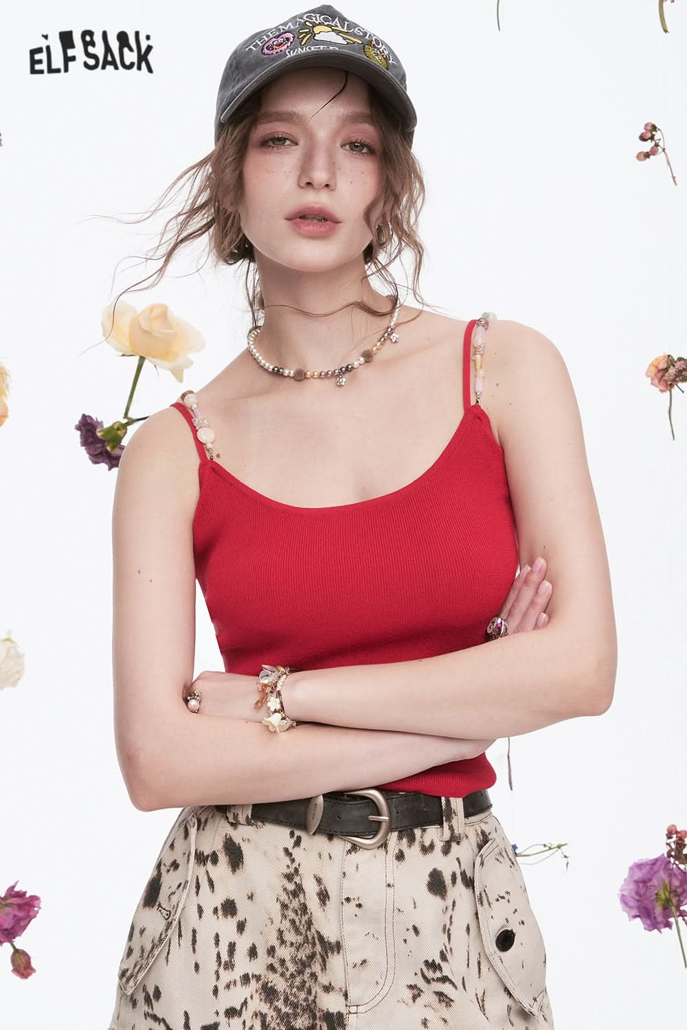ELFSACK Y2K Beaded Straps Slim Fit Knit Camisole Women's Dopamine Solid Color Tank Tops