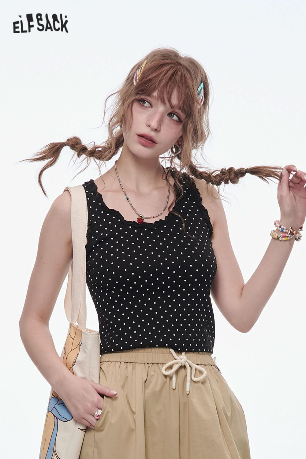 ELFSACK Sweet Lace Splicing Polkadot Slim Camisole Women Printed Tank Tops