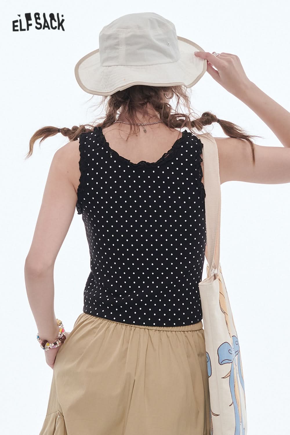 ELFSACK Sweet Lace Splicing Polkadot Slim Camisole Women Printed Tank Tops