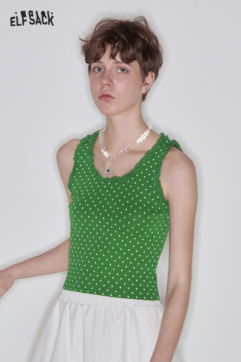ELFSACK Sweet Lace Splicing Polkadot Slim Camisole Women Printed Tank Tops