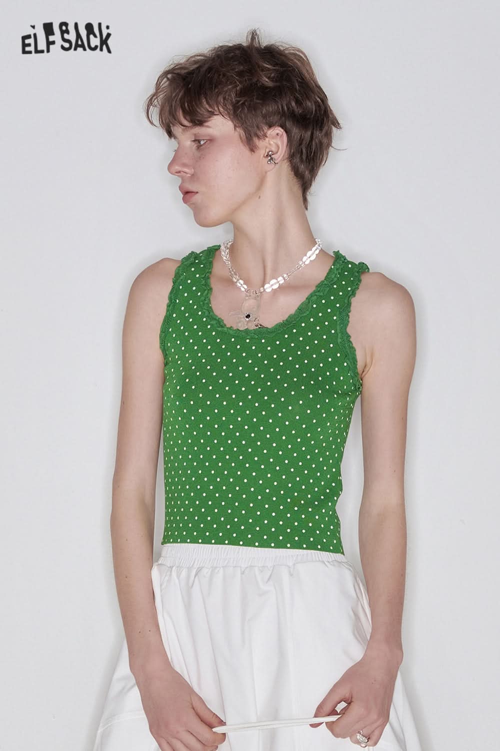 ELFSACK Sweet Lace Splicing Polkadot Slim Camisole Women Printed Tank Tops