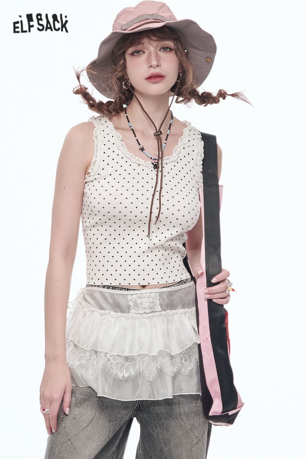ELFSACK Sweet Lace Splicing Polkadot Slim Camisole Women Printed Tank Tops