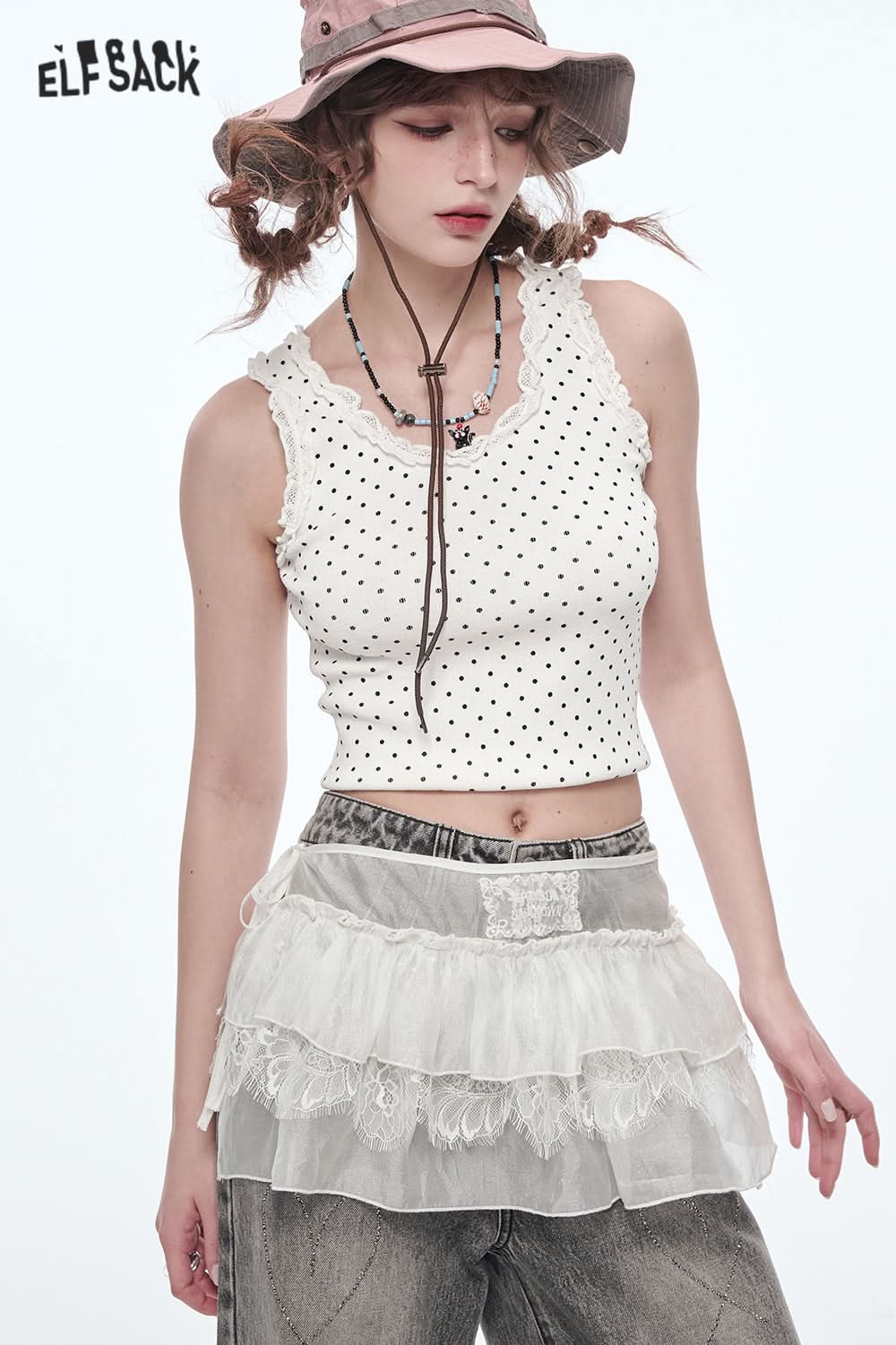 ELFSACK Sweet Lace Splicing Polkadot Slim Camisole Women Printed Tank Tops