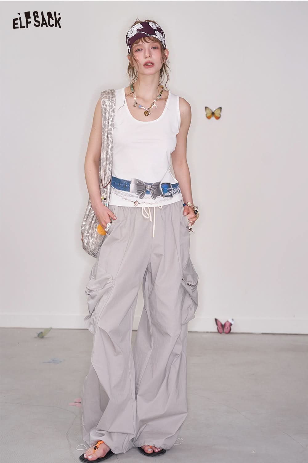 ELFSACK Y2K Bowknot Print White Sleeveless Camisole Women
