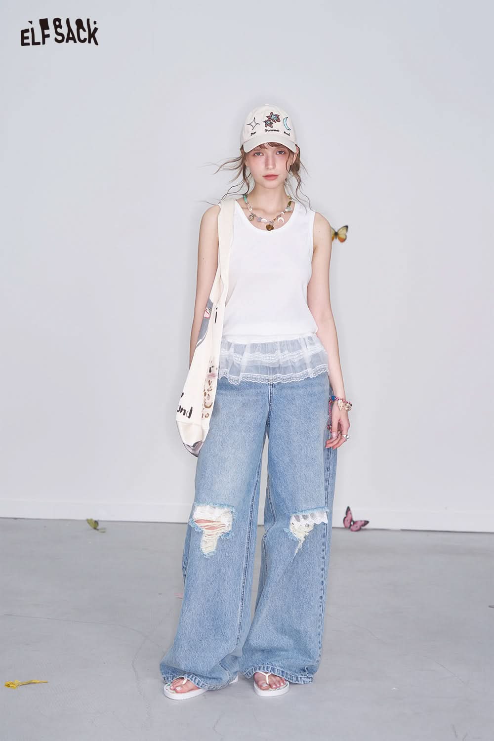 ELFSACK Y2K Lace Splicing White Camisole Women Sweet and Versatile Sleeveless Tank Tops