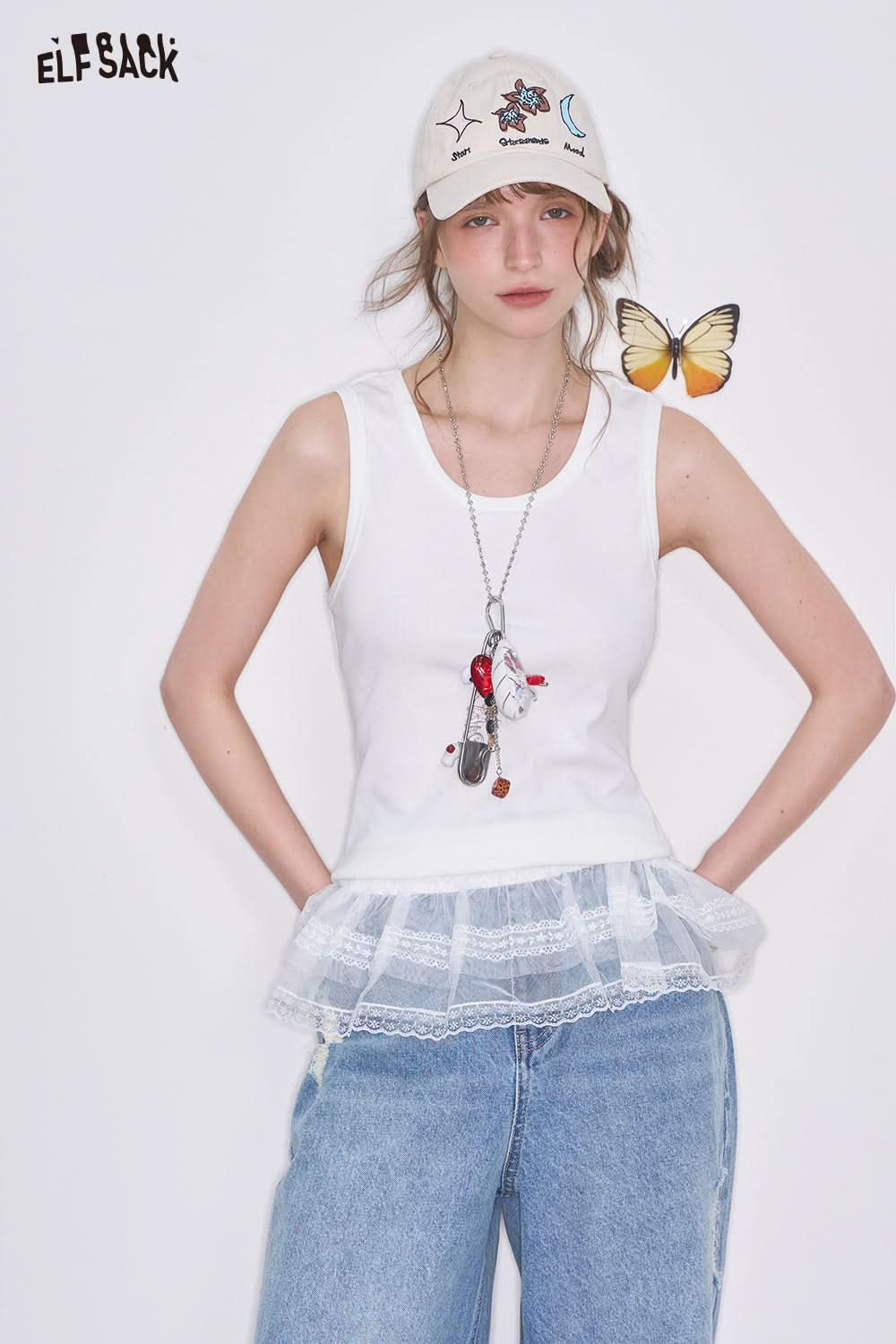 ELFSACK Y2K Lace Splicing White Camisole Women Sweet and Versatile Sleeveless Tank Tops