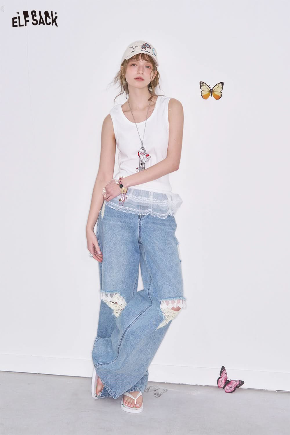 ELFSACK Y2K Lace Splicing White Camisole Women Sweet and Versatile Sleeveless Tank Tops