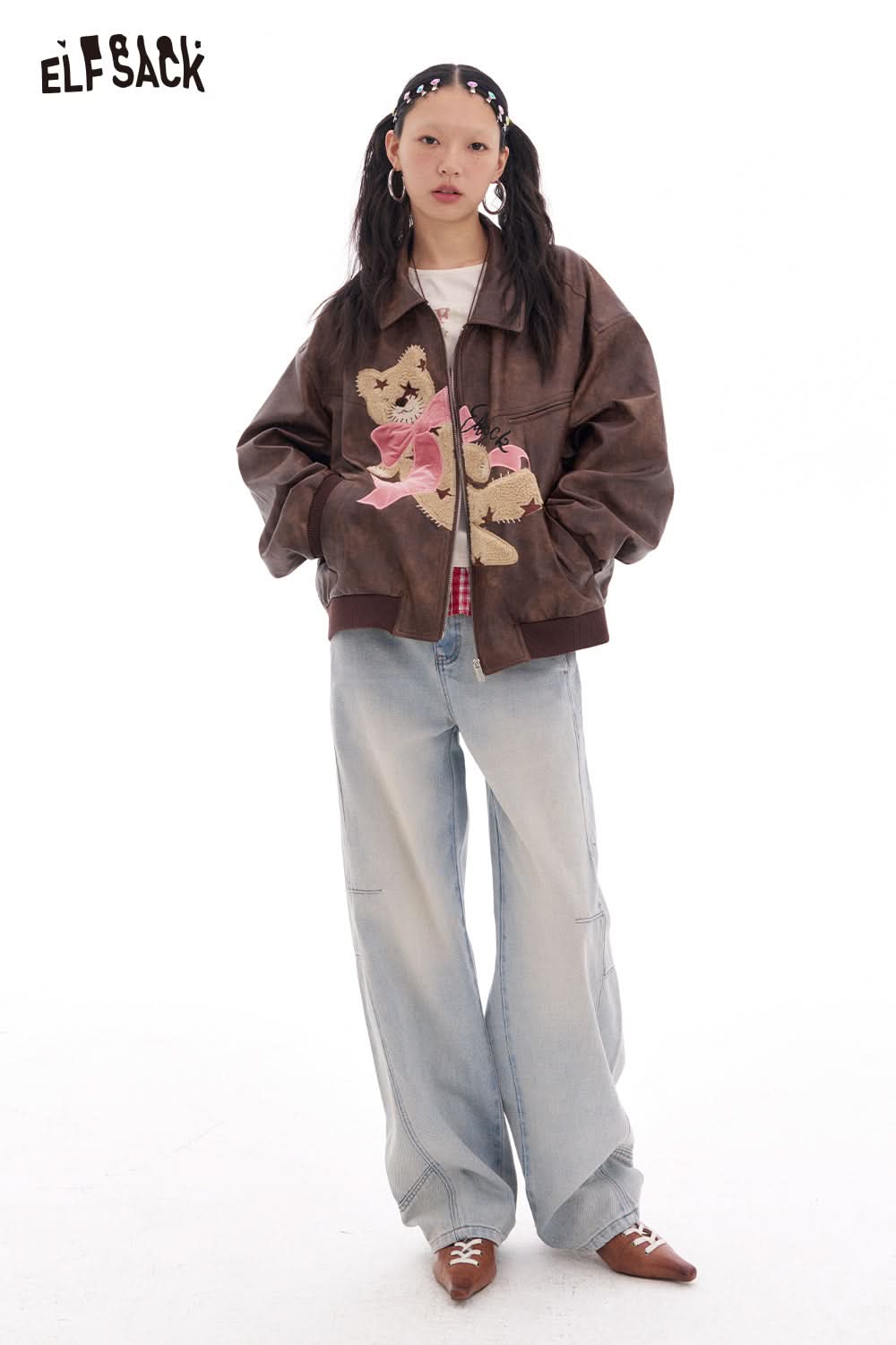 ELFSACK Sweet and cool bear coffee retro pu leather jacket Lapel zipper top