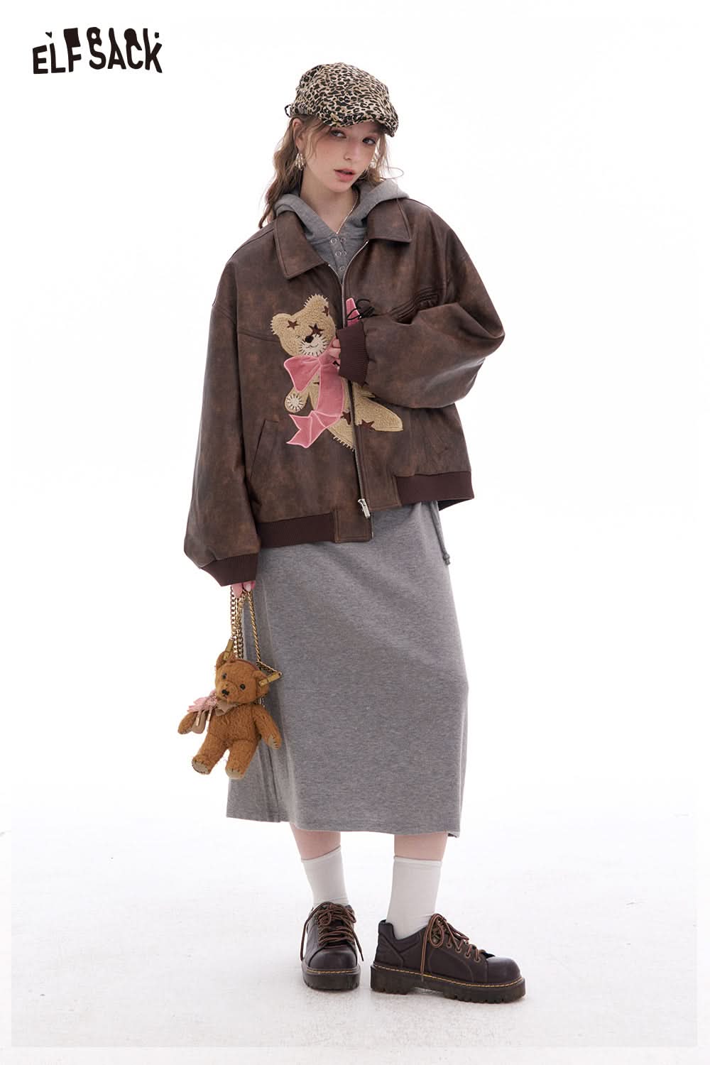 ELFSACK Sweet and cool bear coffee retro pu leather jacket Lapel zipper top