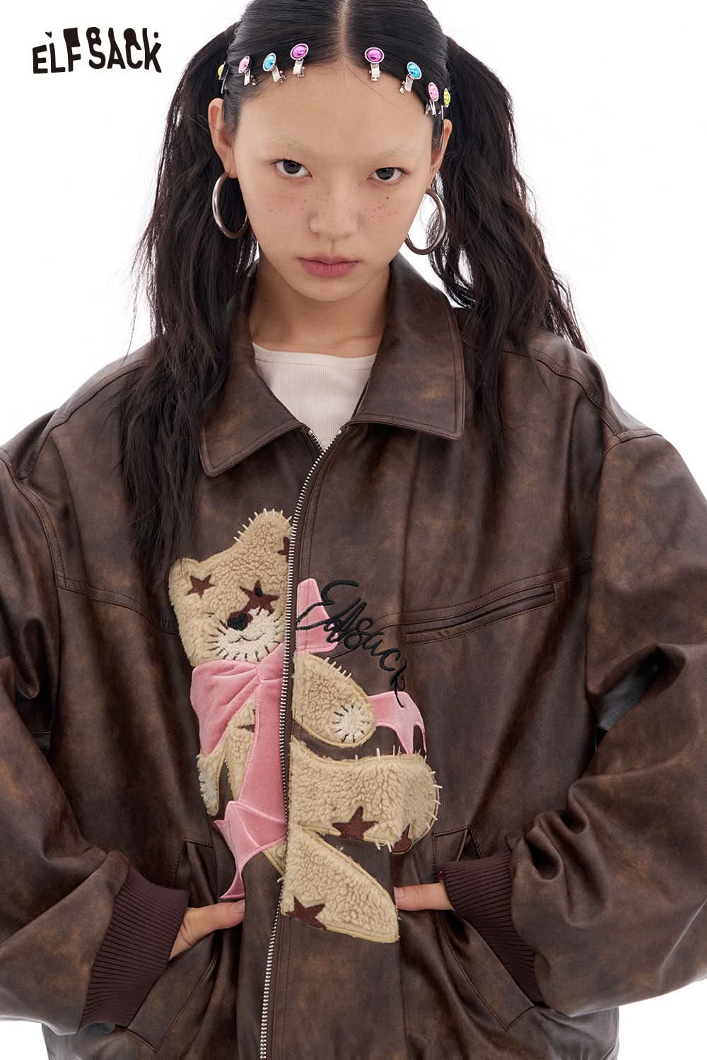 ELFSACK Sweet and cool bear coffee retro pu leather jacket Lapel zipper top