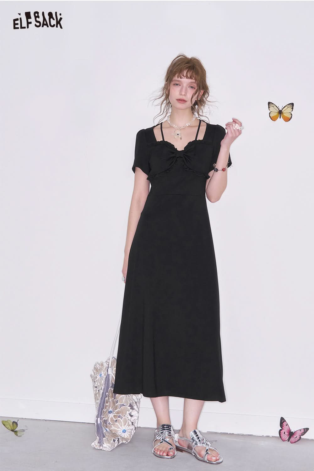 ELFSACK Elegant black bow short sleeve A-line dress