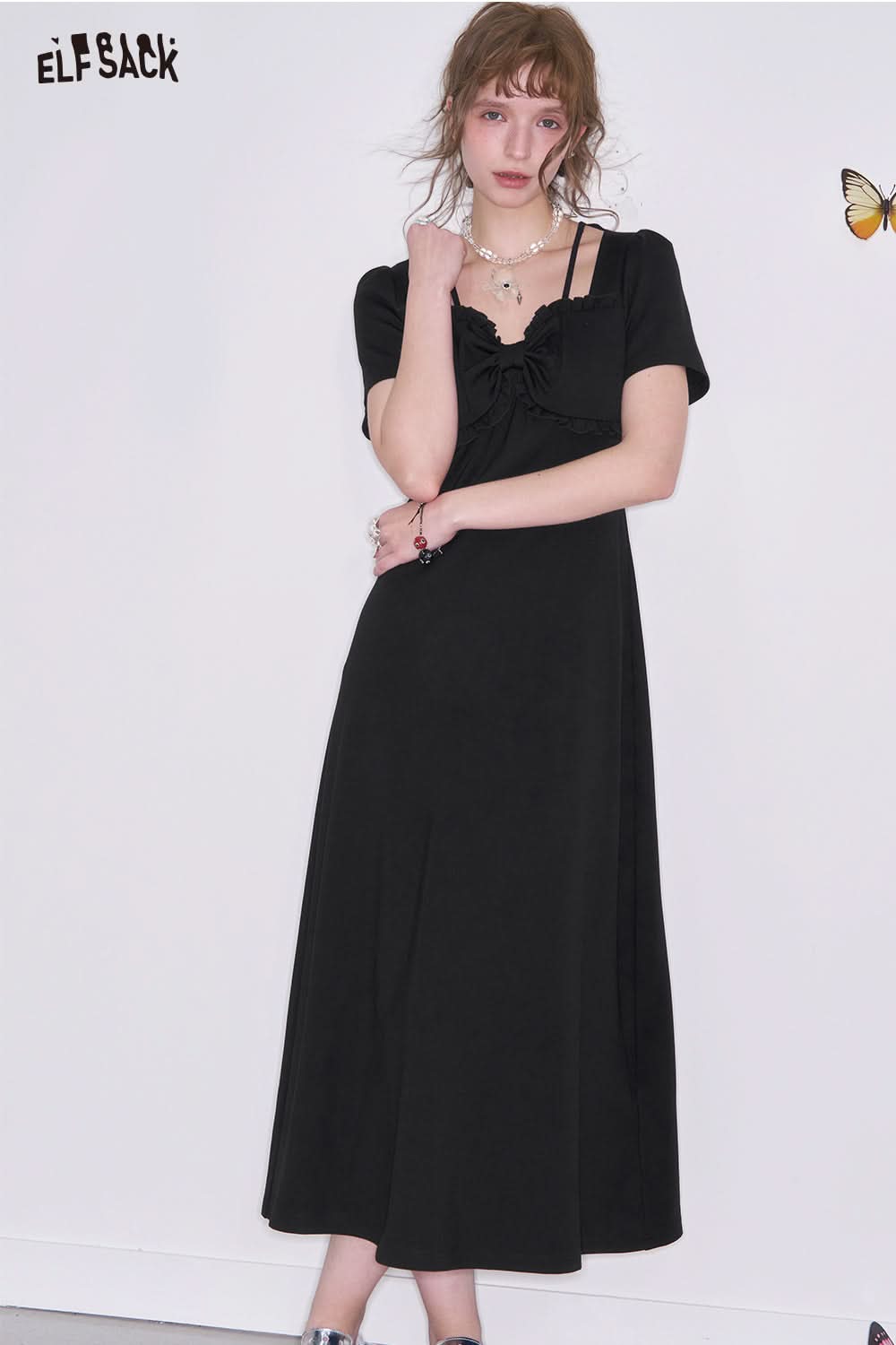 ELFSACK Elegant black bow short sleeve A-line dress