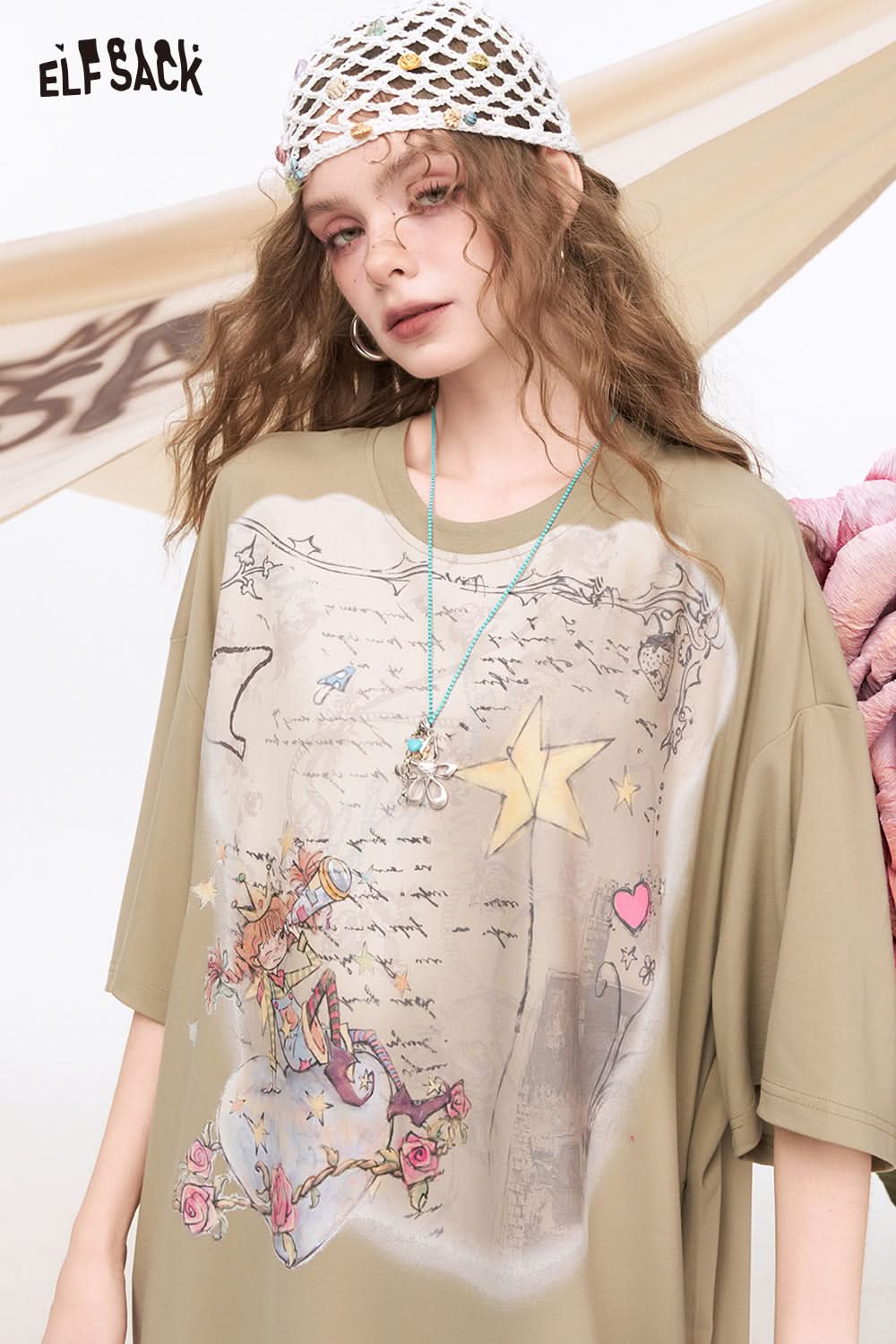 ELFSACK Mesh Printed Short Sleeve Casual Dress