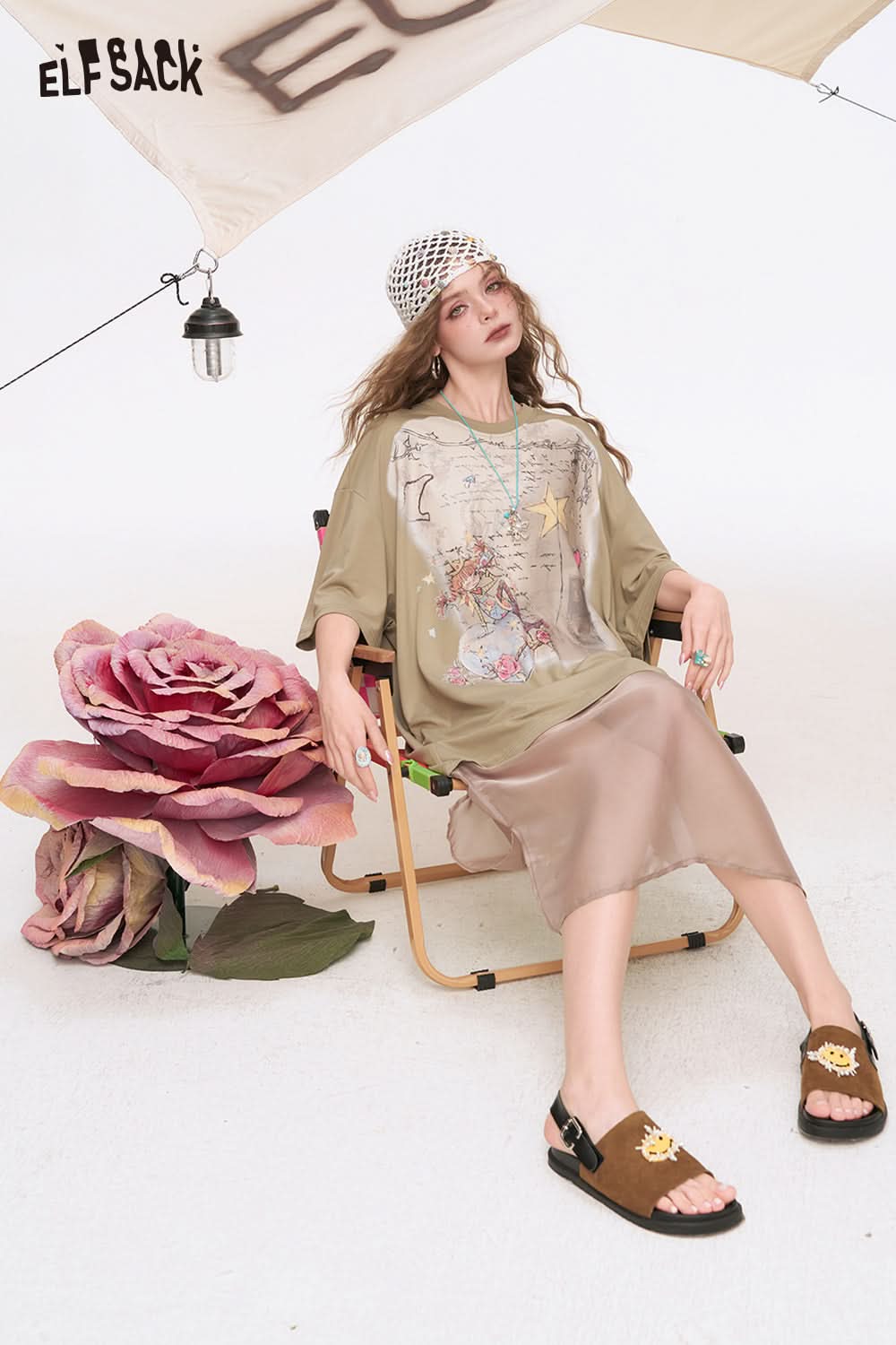 ELFSACK Mesh Printed Short Sleeve Casual Dress