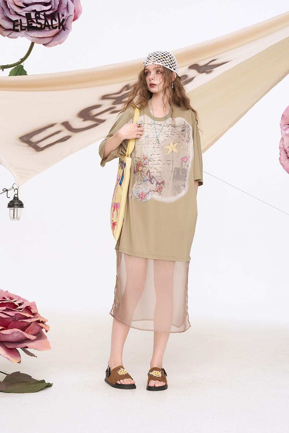ELFSACK Mesh Printed Short Sleeve Casual Dress