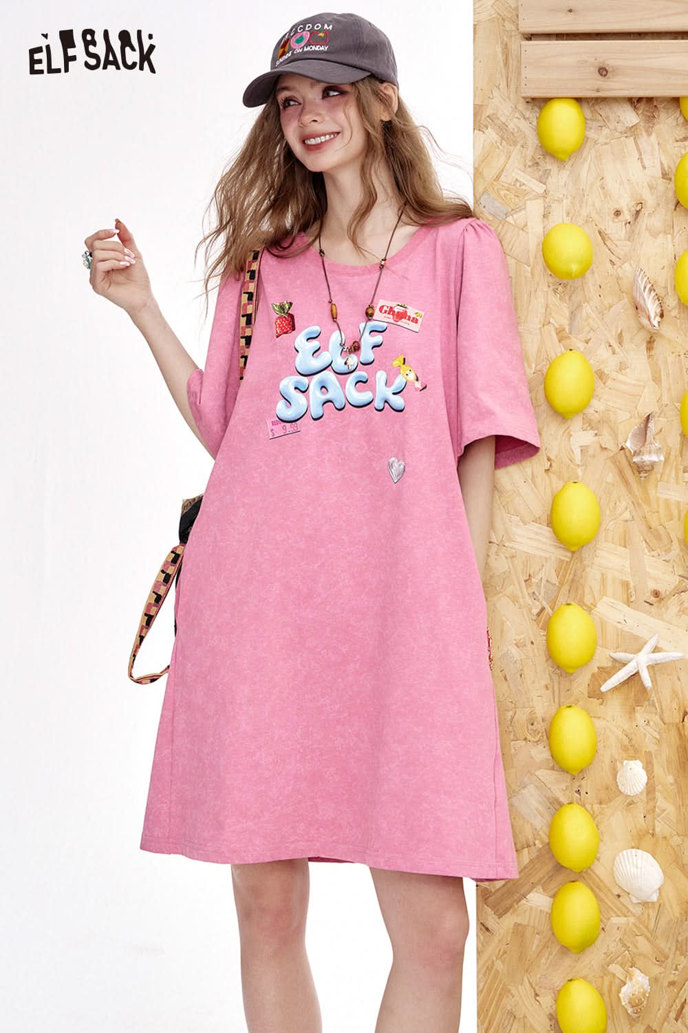 ELFSACK Printed Short Sleeved Loose Casual T-Shirt Dress
