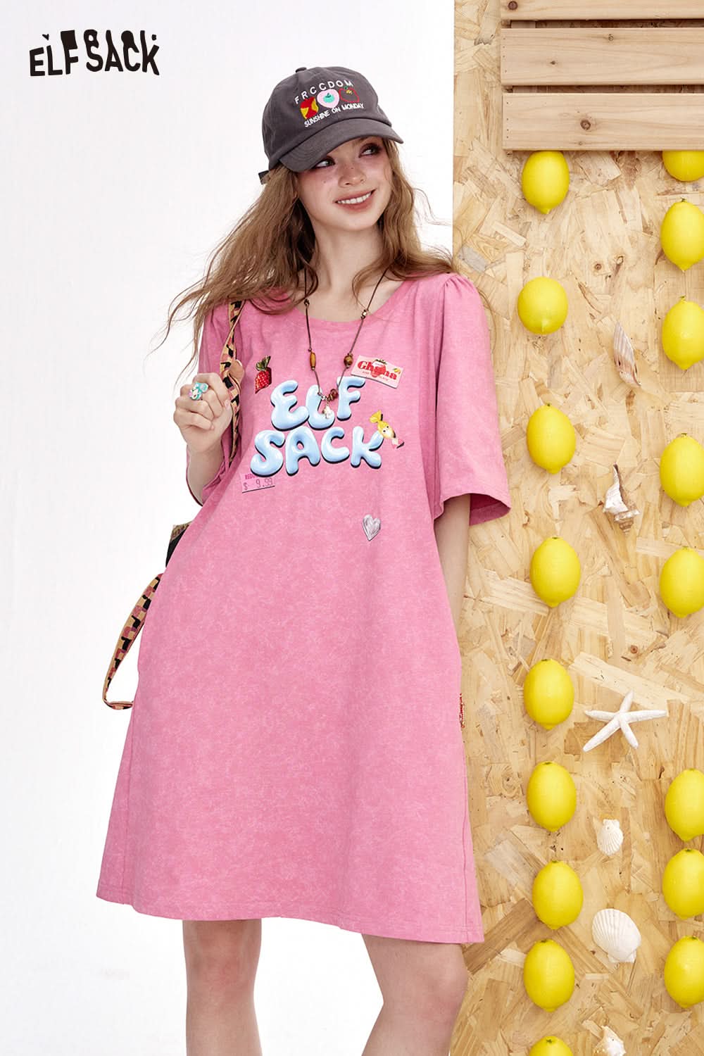 ELFSACK Printed Short Sleeved Loose Casual T-Shirt Dress