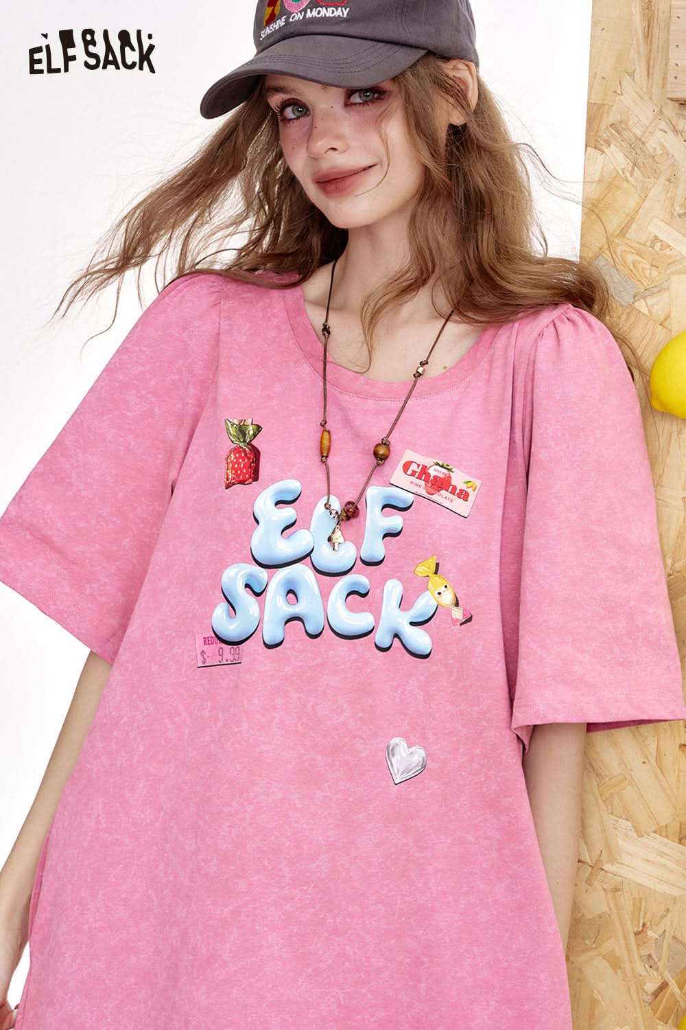 ELFSACK Printed Short Sleeved Loose Casual T-Shirt Dress