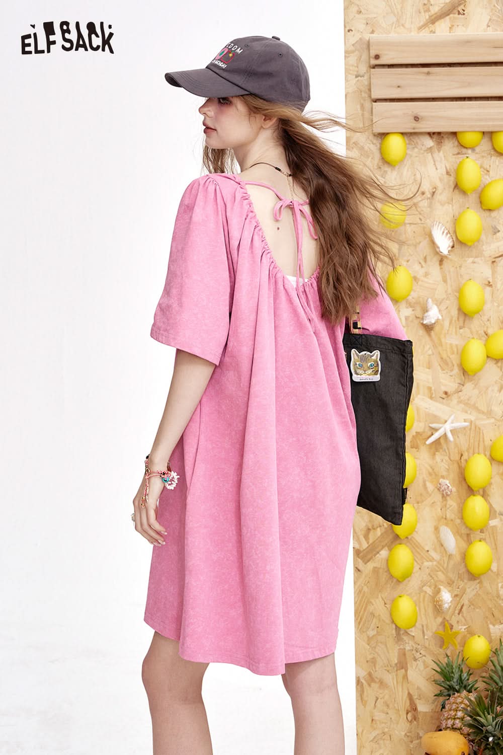ELFSACK Printed Short Sleeved Loose Casual T-Shirt Dress