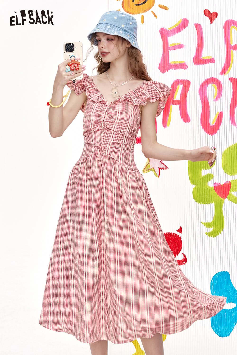 ELFSACK Pink Checkered High Waisted A-Line Dress