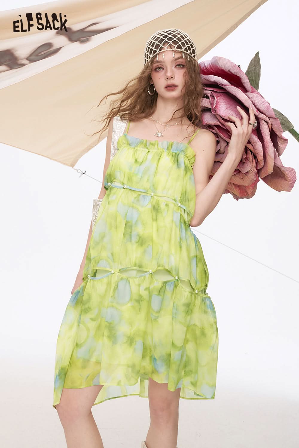 ELFSACK Pearl Chiffon Floral Chic Dress