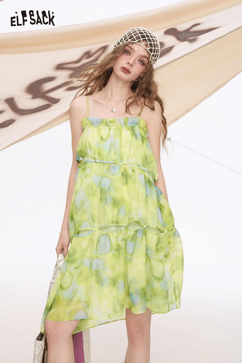 ELFSACK Pearl Chiffon Floral Chic Dress