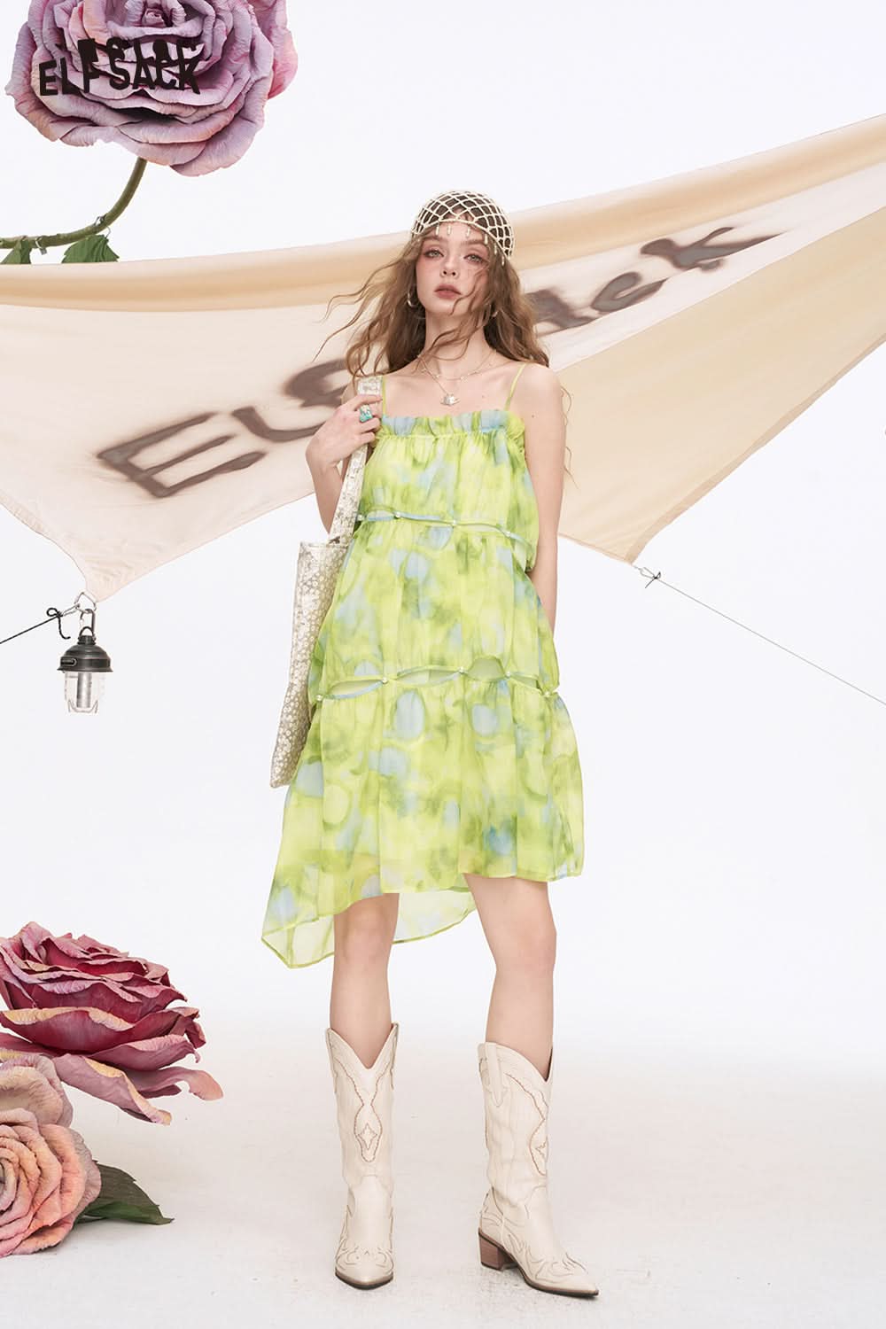 ELFSACK Pearl Chiffon Floral Chic Dress