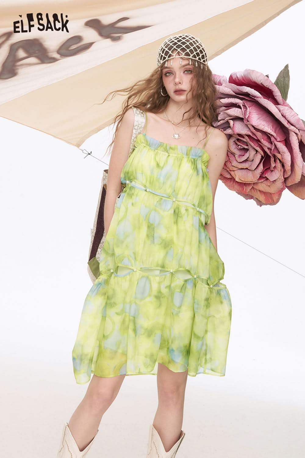 ELFSACK Pearl Chiffon Floral Chic Dress