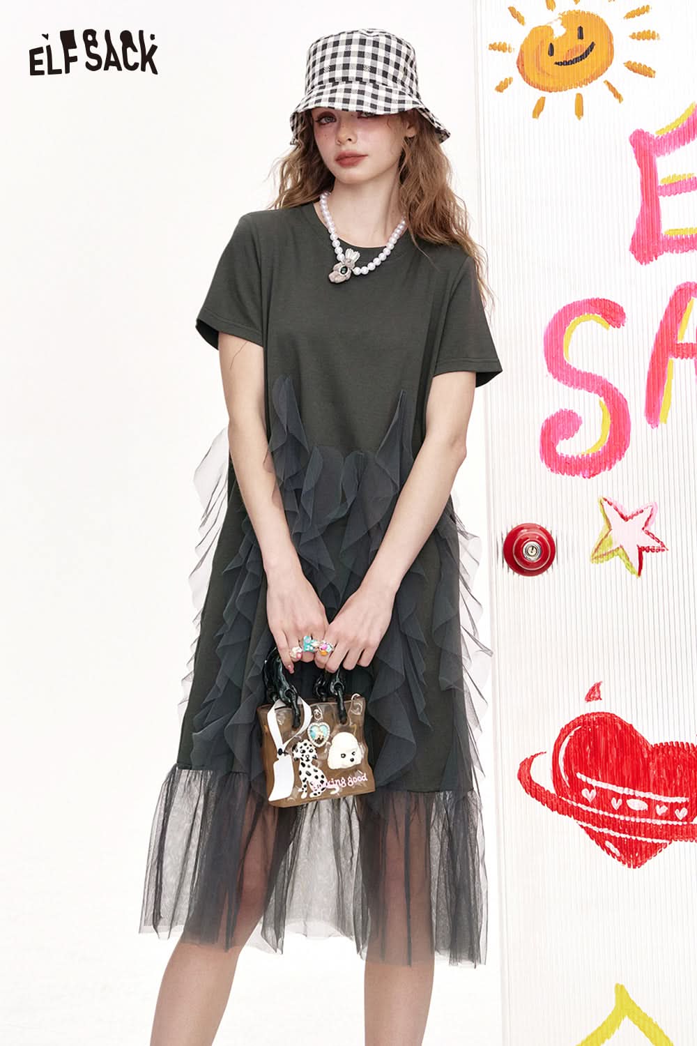 ELFSACK Irregular Mesh Splicing Casual T-Shirt Dress