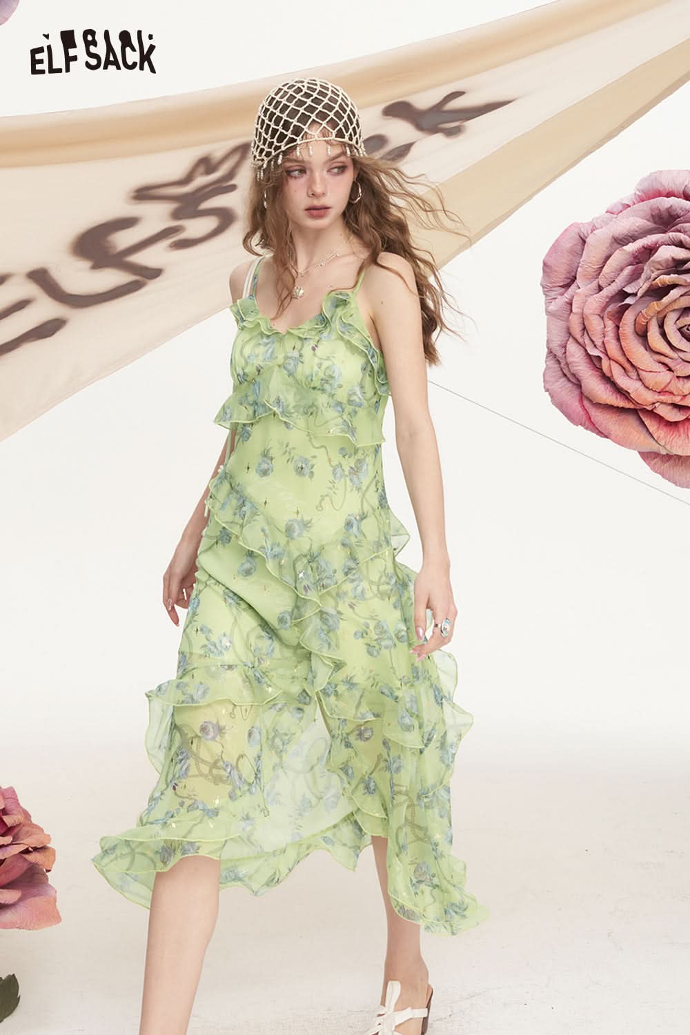 ELFSACK Chiffon Floral Suspender Chic Dress