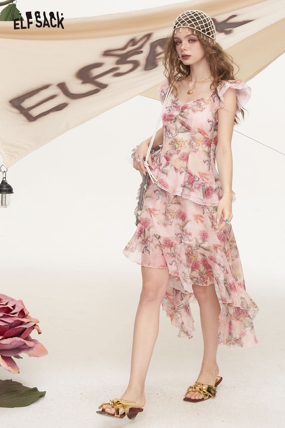 ELFSACK Xiaofei Sleeve Irregular Floral Chic Dress