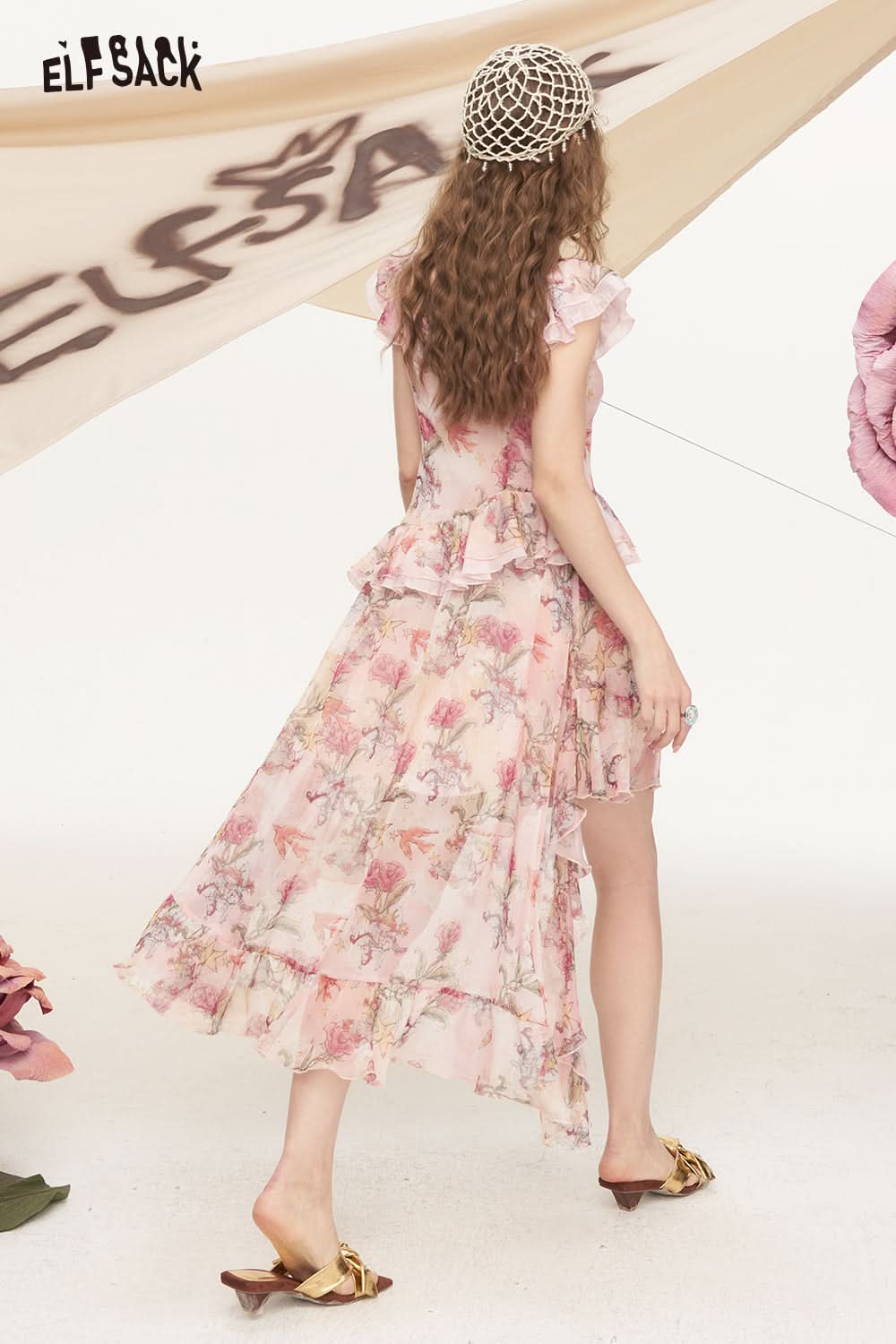 ELFSACK Xiaofei Sleeve Irregular Floral Chic Dress