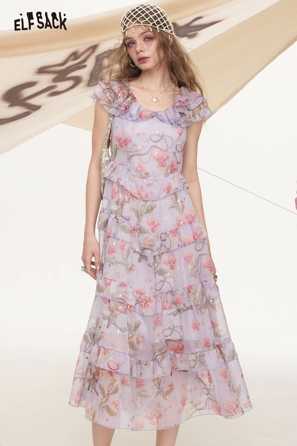 ELFSACK Lotus Leaf Edge Floral Chic Dress