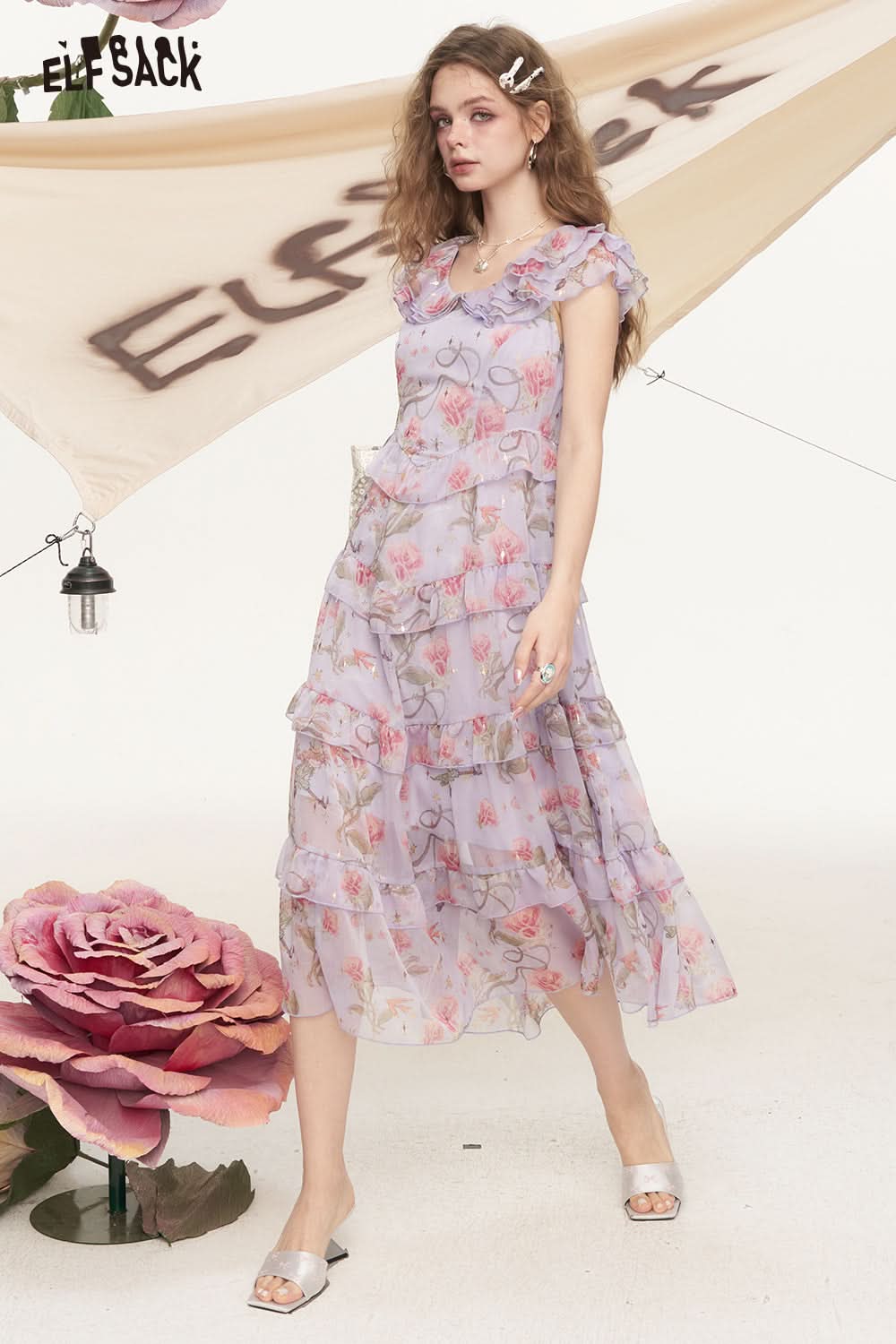 ELFSACK Lotus Leaf Edge Floral Chic Dress