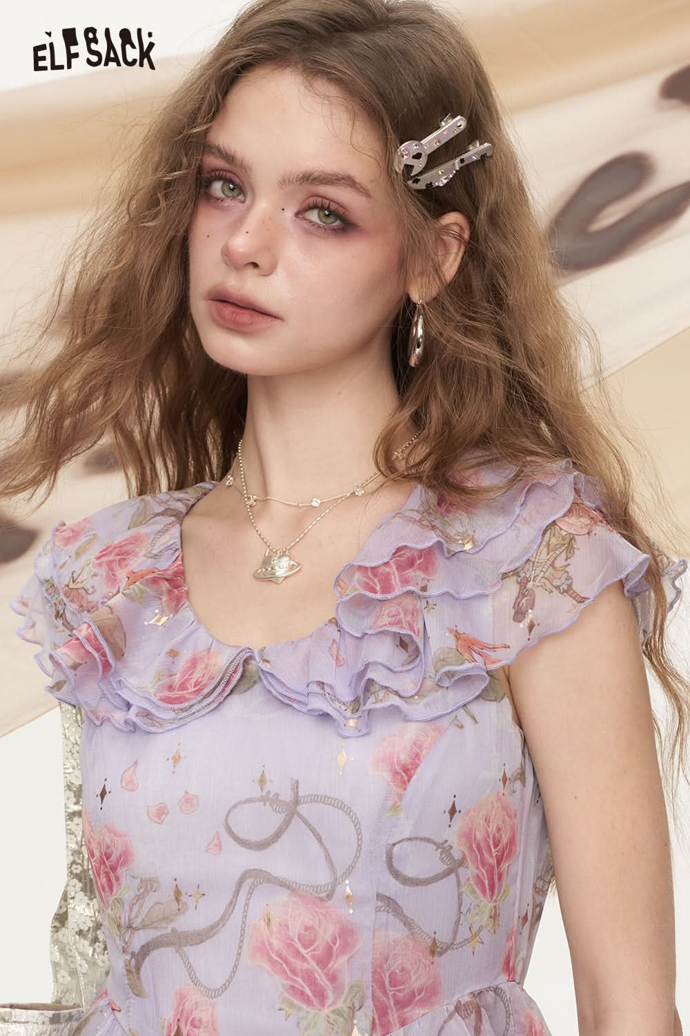 ELFSACK Lotus Leaf Edge Floral Chic Dress