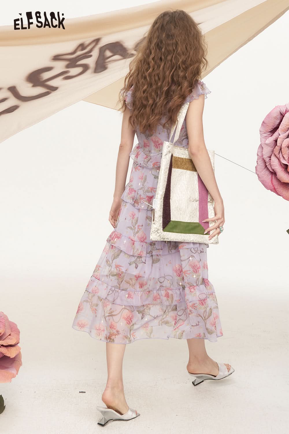 ELFSACK Lotus Leaf Edge Floral Chic Dress