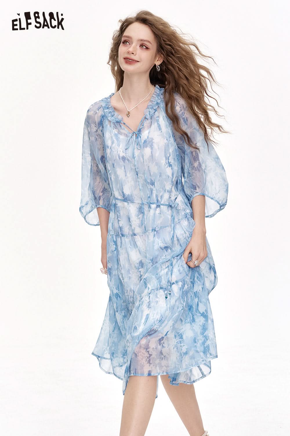ELFSACK Chiffon Floral Long Chic Dress
