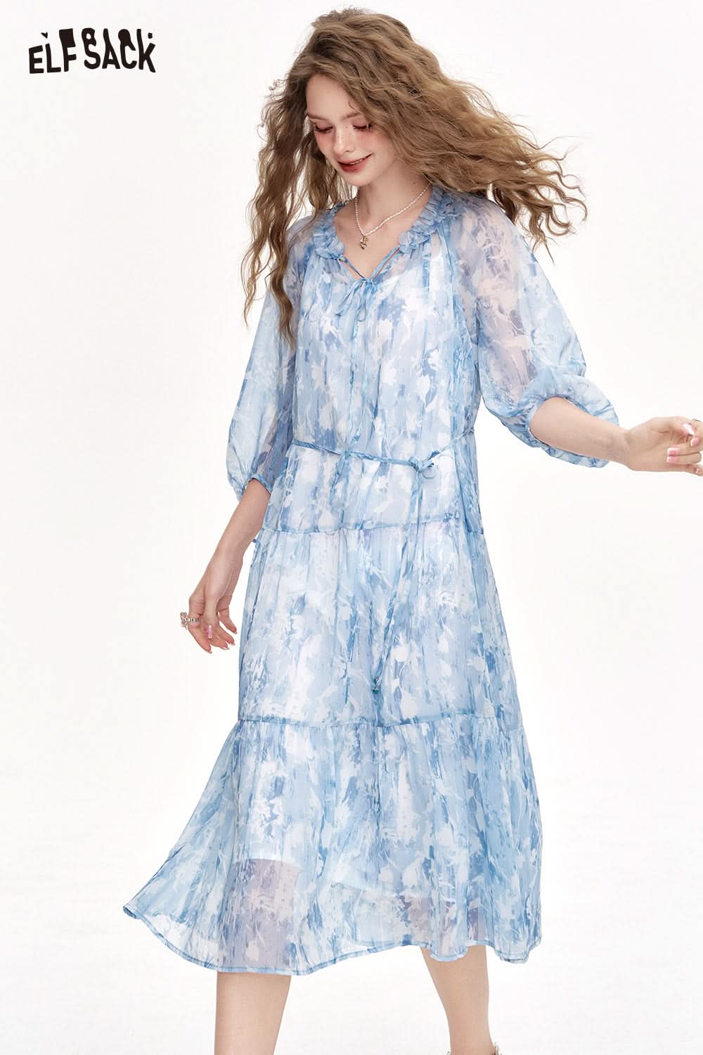 ELFSACK Chiffon Floral Long Chic Dress